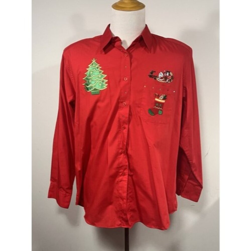 Size L Christmas Button Front Shirt Red Santa Themed Patches Padded Shoulders